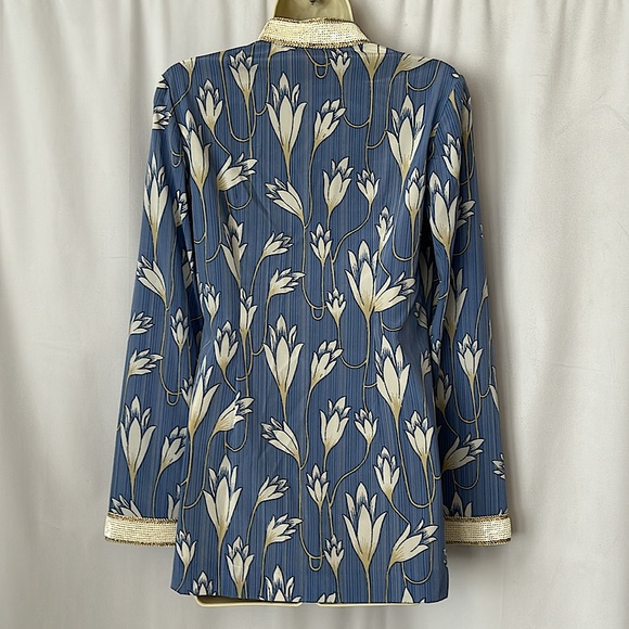 Tory Burch Sequins Blue Floral Long Sleeve Silk Tunic Shirt Top **Size 2**🌸🌸 - Picture 2 of 6